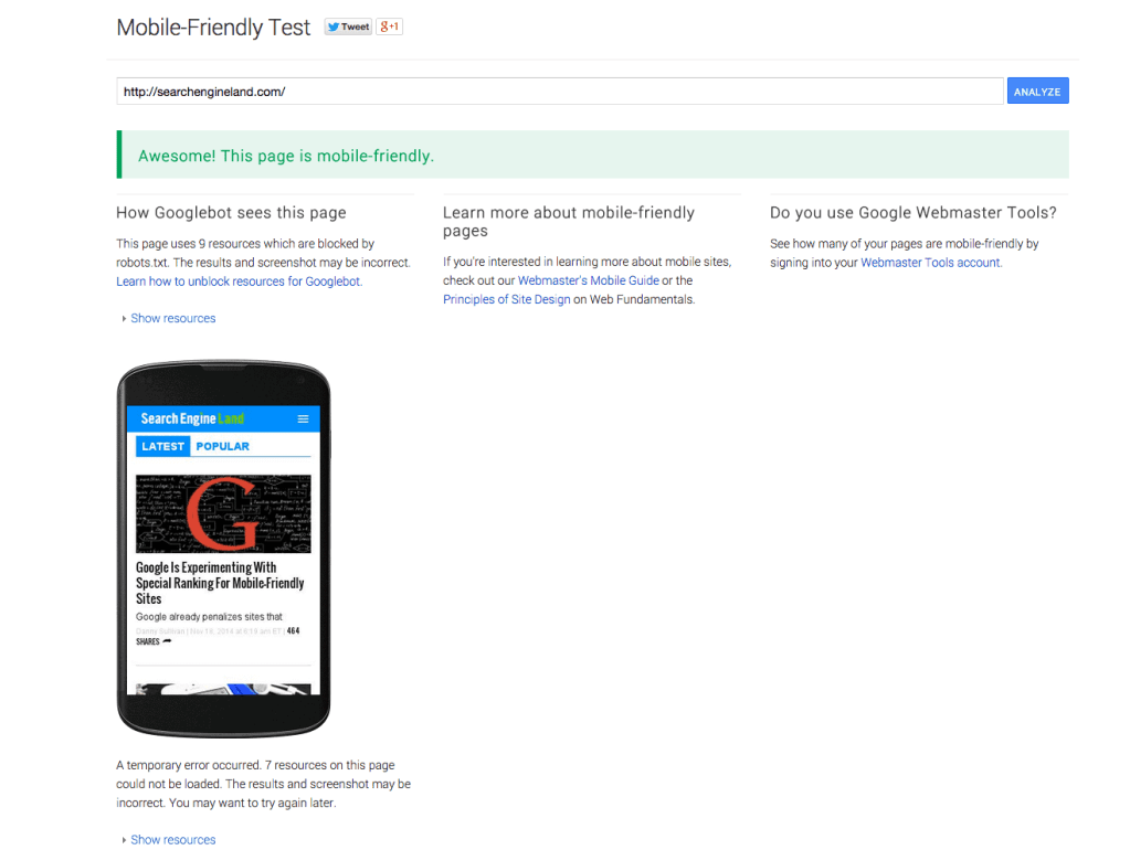 Google mobile friendly test tool sel