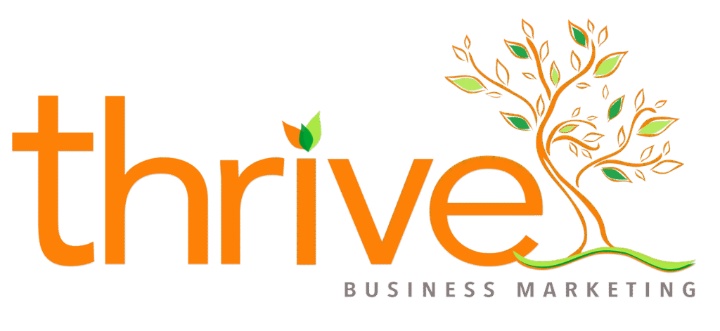 Thrive Business Marketing logo: orange 'thrive' wordmark with a green leaf accents and an orange tree motif on the right, plus gray 'BUSINESS MARKETING' text below