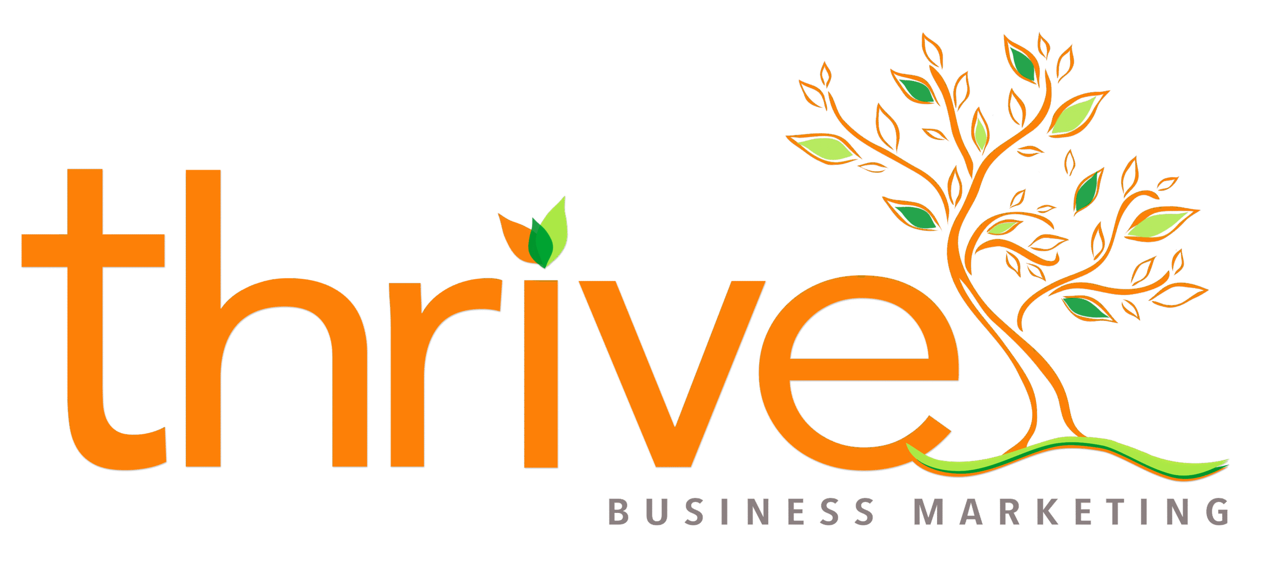 Thrive Business Marketing logo: orange 'thrive' wordmark with a green leaf accents and an orange tree motif on the right, plus gray 'BUSINESS MARKETING' text below