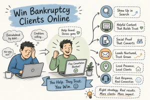 Infographic showing a stressed person on the left and a smiling person with a laptop on the right, outlining online strategies to win bankruptcy clients.