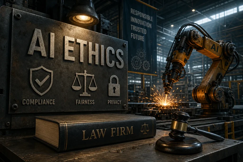 Industrial workshop with a robotic arm welding sparks beside a metal sign reading AI ETHICS: compliance, fairness, privacy.