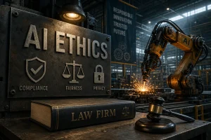 Industrial workshop with a robotic arm welding sparks beside a metal sign reading AI ETHICS: compliance, fairness, privacy.