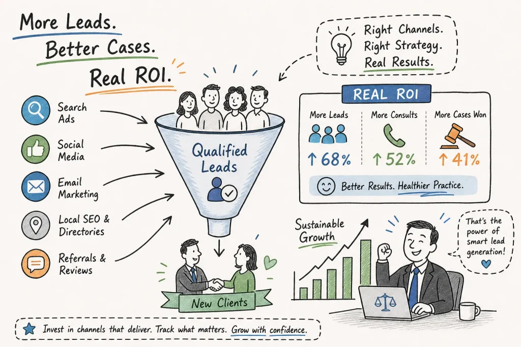 Infographic showing a lead funnel: channels like Search Ads, Social Media, Email Marketing, local SEO, referrals feed qualified leads and new clients growth with ROI box on the right.