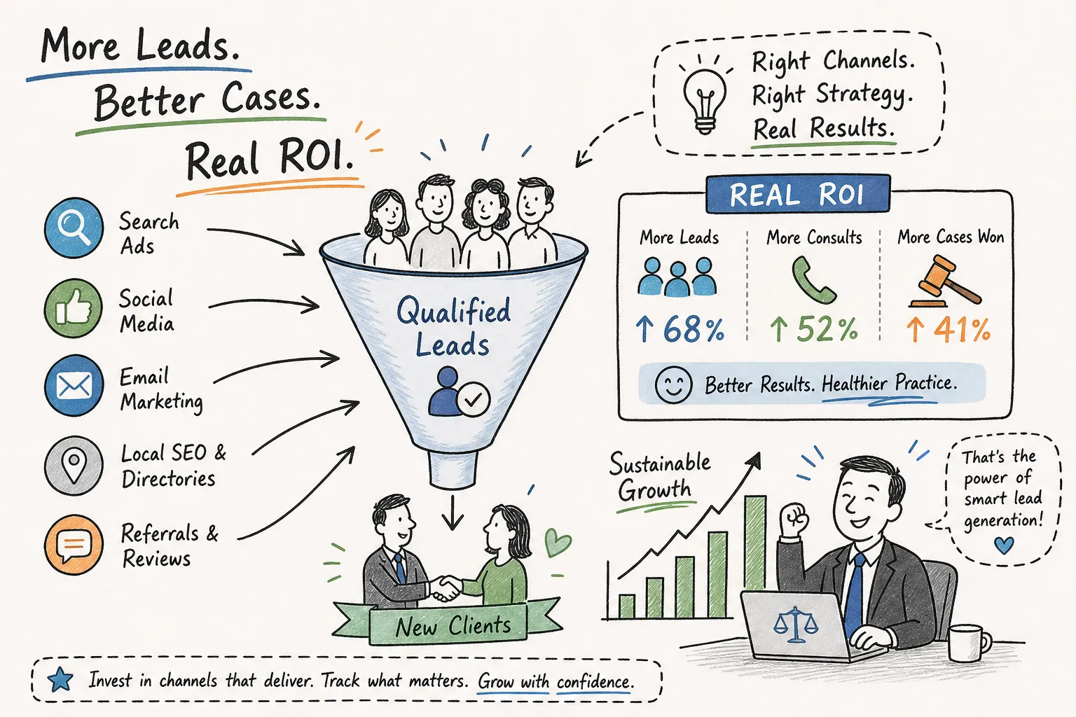 Infographic showing a lead funnel: channels like Search Ads, Social Media, Email Marketing, local SEO, referrals feed qualified leads and new clients growth with ROI box on the right.
