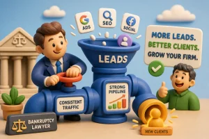 Claymation scene of a man turning leads into new clients via a funnel labeled LEADS, with 'Consistent Traffic' and 'Strong Pipeline' signs and a 'New Clients' block.