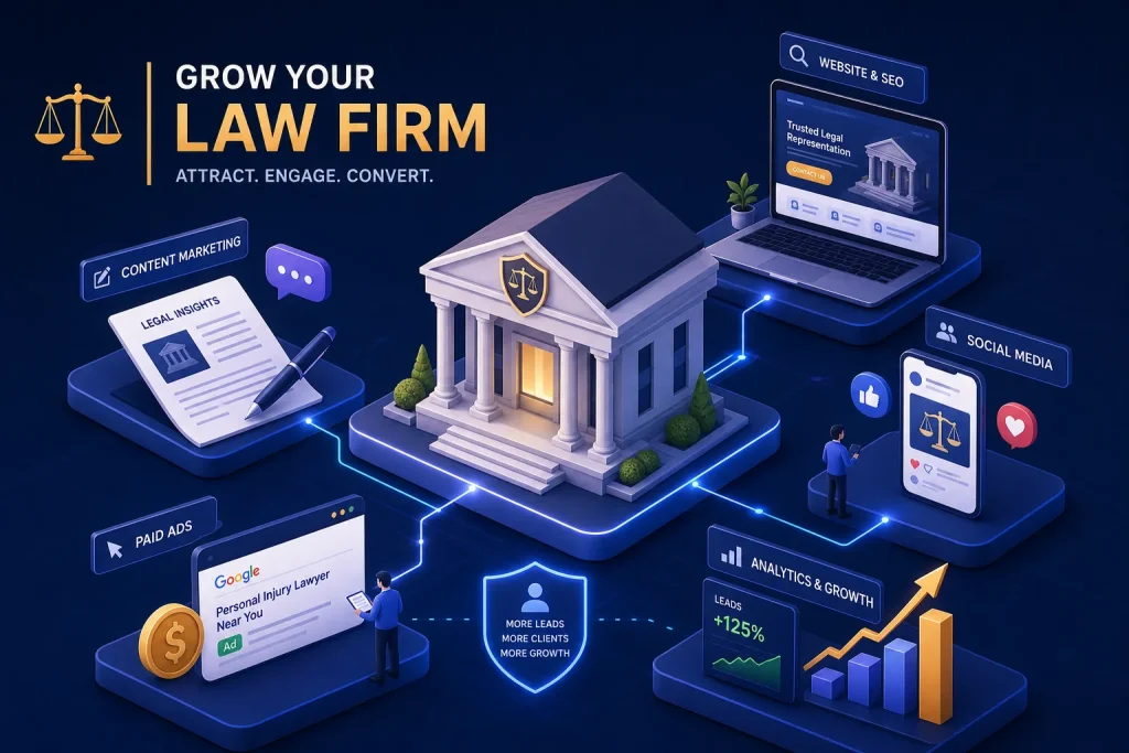 Isometric illustration of a law firm building on floating platforms connected by glowing blue lines, with labels like Content Marketing and Analytics & Growth.