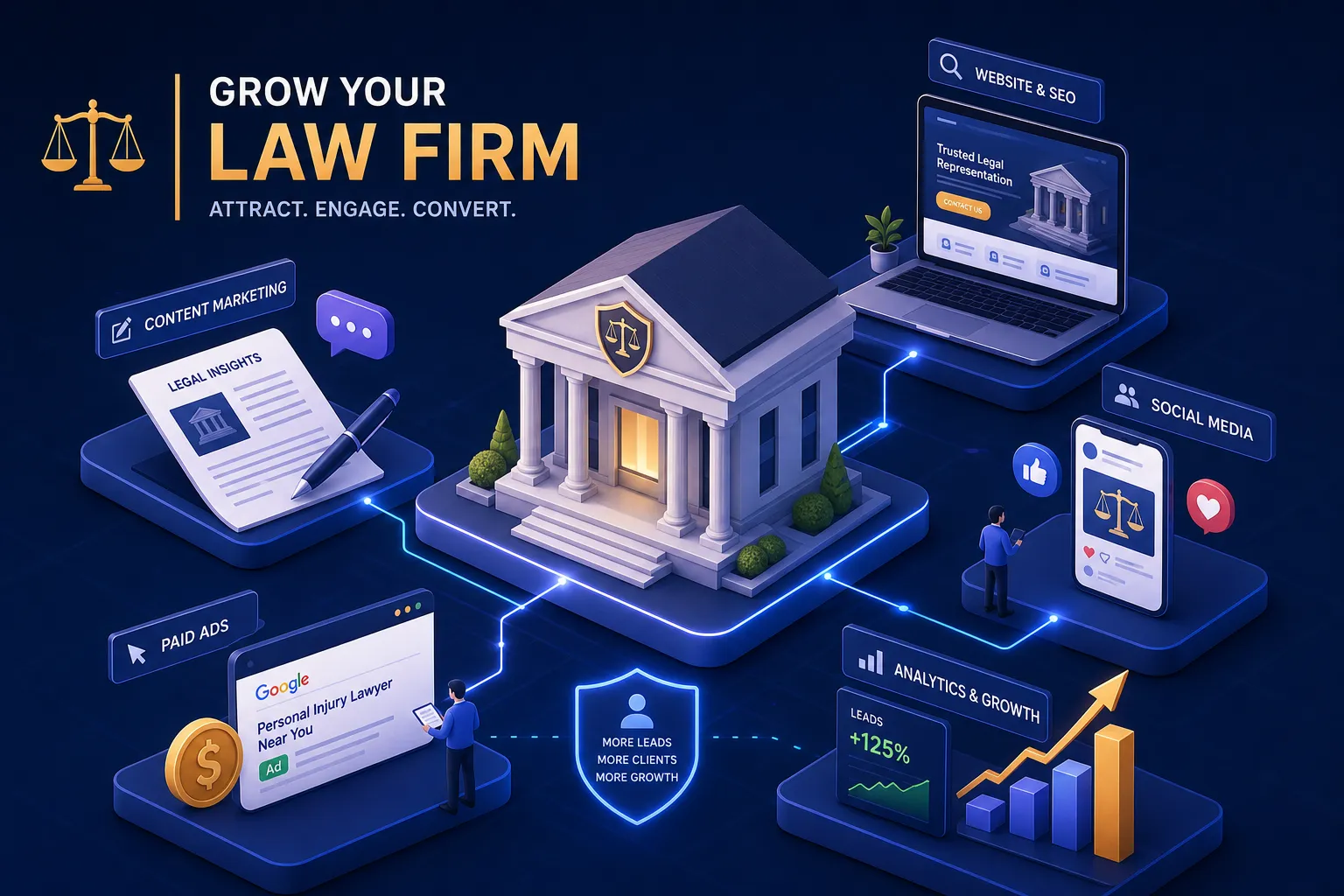 Isometric illustration of a law firm building on floating platforms connected by glowing blue lines, with labels like Content Marketing and Analytics & Growth.