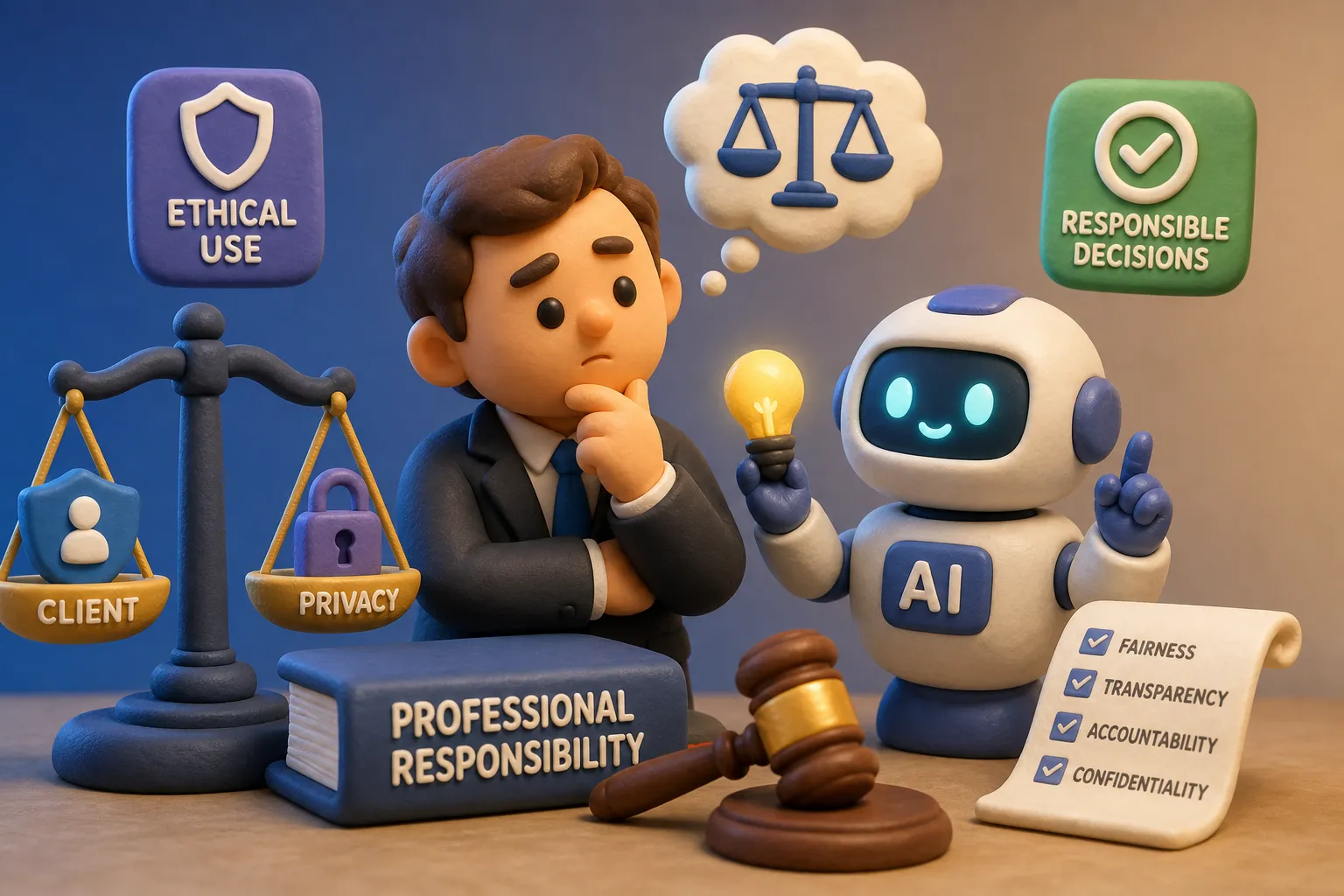 Claymation businessperson and friendly AI robot discuss ethics, surrounded by scales, a gavel, and a checklist about responsible AI use and privacy.