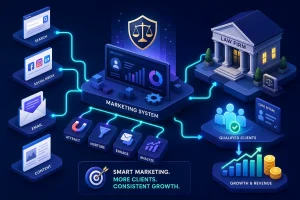 Isometric marketing system diagram linking content, email, and social media to qualified clients and growth, with a law firm on the right.