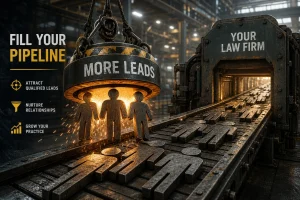Industrial factory scene where a heavy-duty claw labeled 'MORE LEADS' lowers a group of paper-cutout figures toward a conveyor belt; left panel reads 'FILL YOUR PIPELINE' with bullets about attracting leads, nurturing relationships, and growing your practice, and right panel says 'YOUR LAW FIRM'.