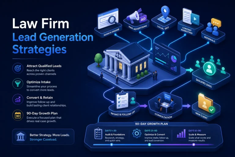 Isometric infographic showing a law firm lead generation workflow with stages like attract, intake, consultation, and qualify‑leads connected by glowing lines to a central courthouse building.