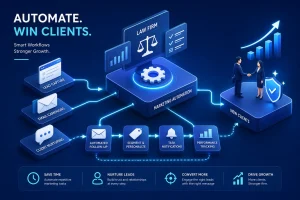Infographic showing marketing automation flow from lead capture to new clients, with a central Marketing Automation hub and a rising growth graph in the background.