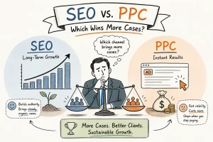 Infographic comparing SEO vs PPC: left shows long-term growth with a rising bar chart; right shows instant PPC ad results; center figure ponders which channel wins more cases.
