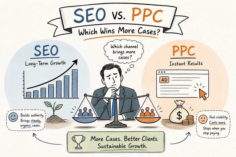 Infographic comparing SEO vs PPC: left shows long-term growth with a rising bar chart; right shows instant PPC ad results; center figure ponders which channel wins more cases.
