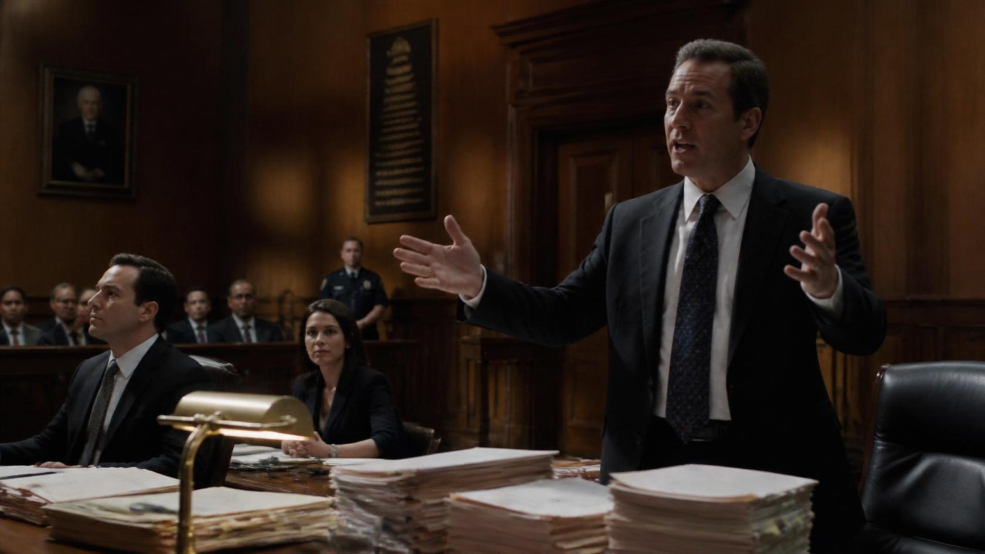 A man in a suit stands and gestures while speaking in a wood-paneled courtroom, with colleagues seated at a desk piled high with legal documents in front of him.