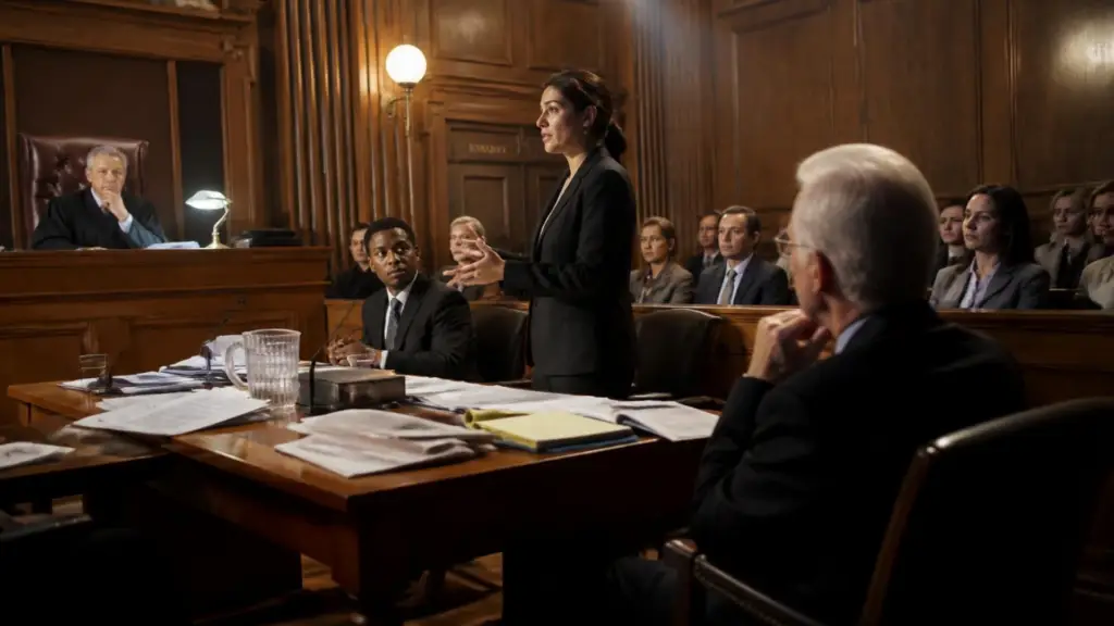 Female attorney stands and speaks at a wooden courtroom desk as the judge and spectators listen nearby.