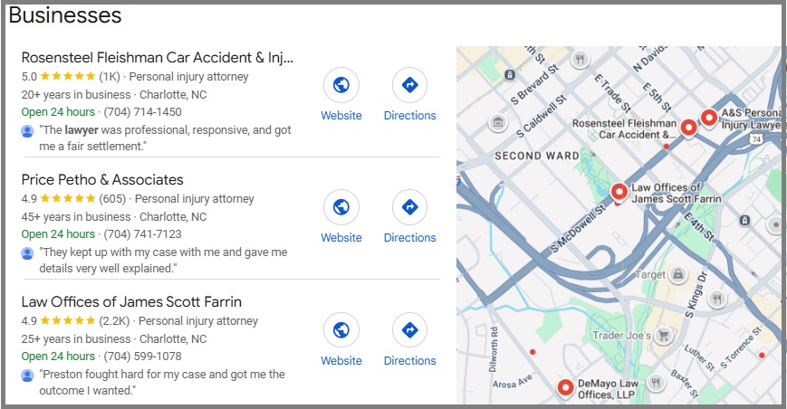Map and list of three charlotte personal injury law firms with ratings and hours; map shows their locations with red pins on the right side.