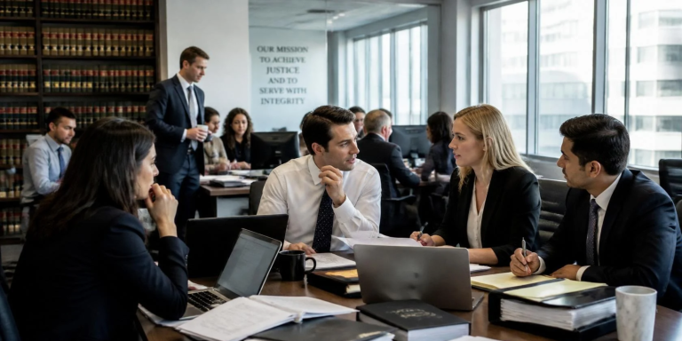 Professionals in a law firm meeting around a conference table with laptops and documents.