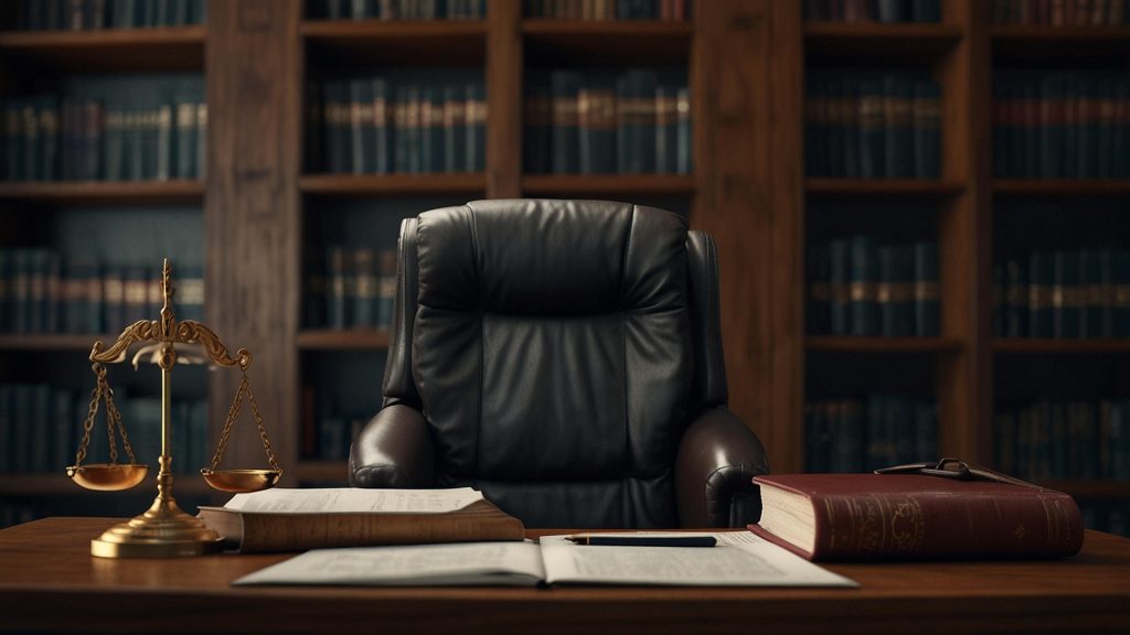 Leather judge's chair behind a desk, with scales of justice and legal books in the background.