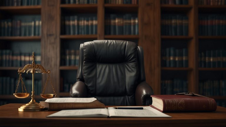 Leather judge's chair behind a desk, with scales of justice and legal books in the background.