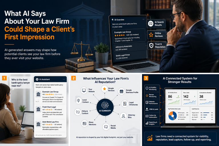 Hero collage: bold white and orange headline about AI shaping a law firm's first impression, with scales of justice and law books on a desk behind. A man in a suit reviews AI dashboards on a laptop screen.