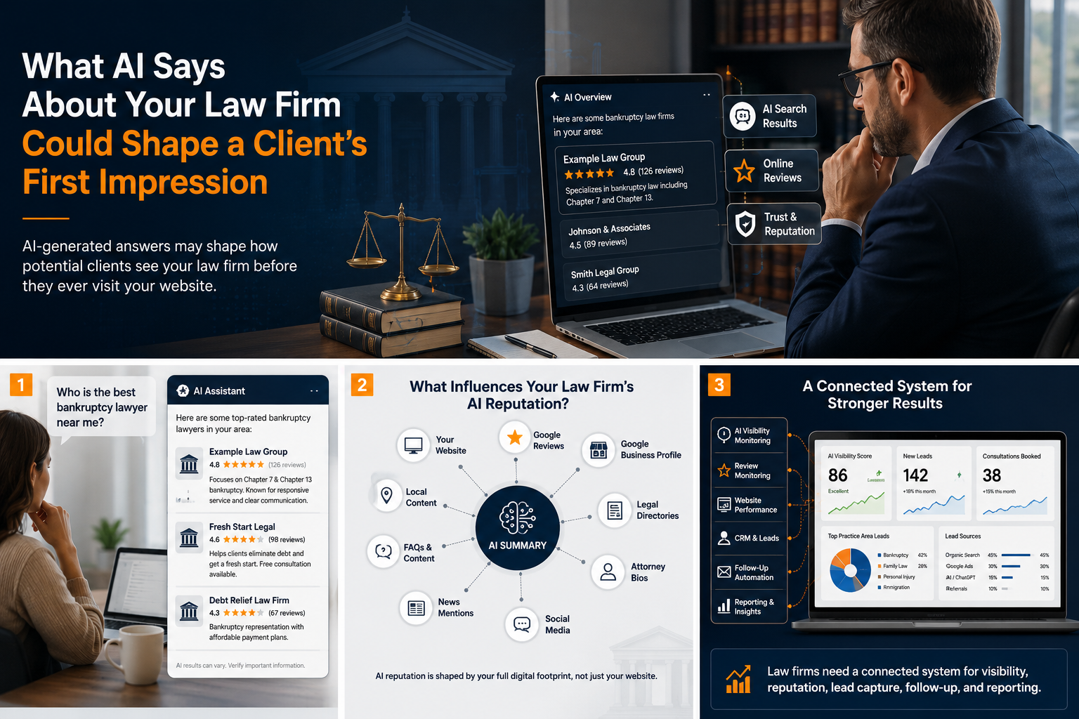 Hero collage: bold white and orange headline about AI shaping a law firm's first impression, with scales of justice and law books on a desk behind. A man in a suit reviews AI dashboards on a laptop screen.