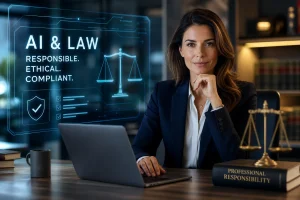 Professional woman at a desk with a laptop and a holographic display reading 'AI & LAW: Responsible, Ethical, Compliant.'
