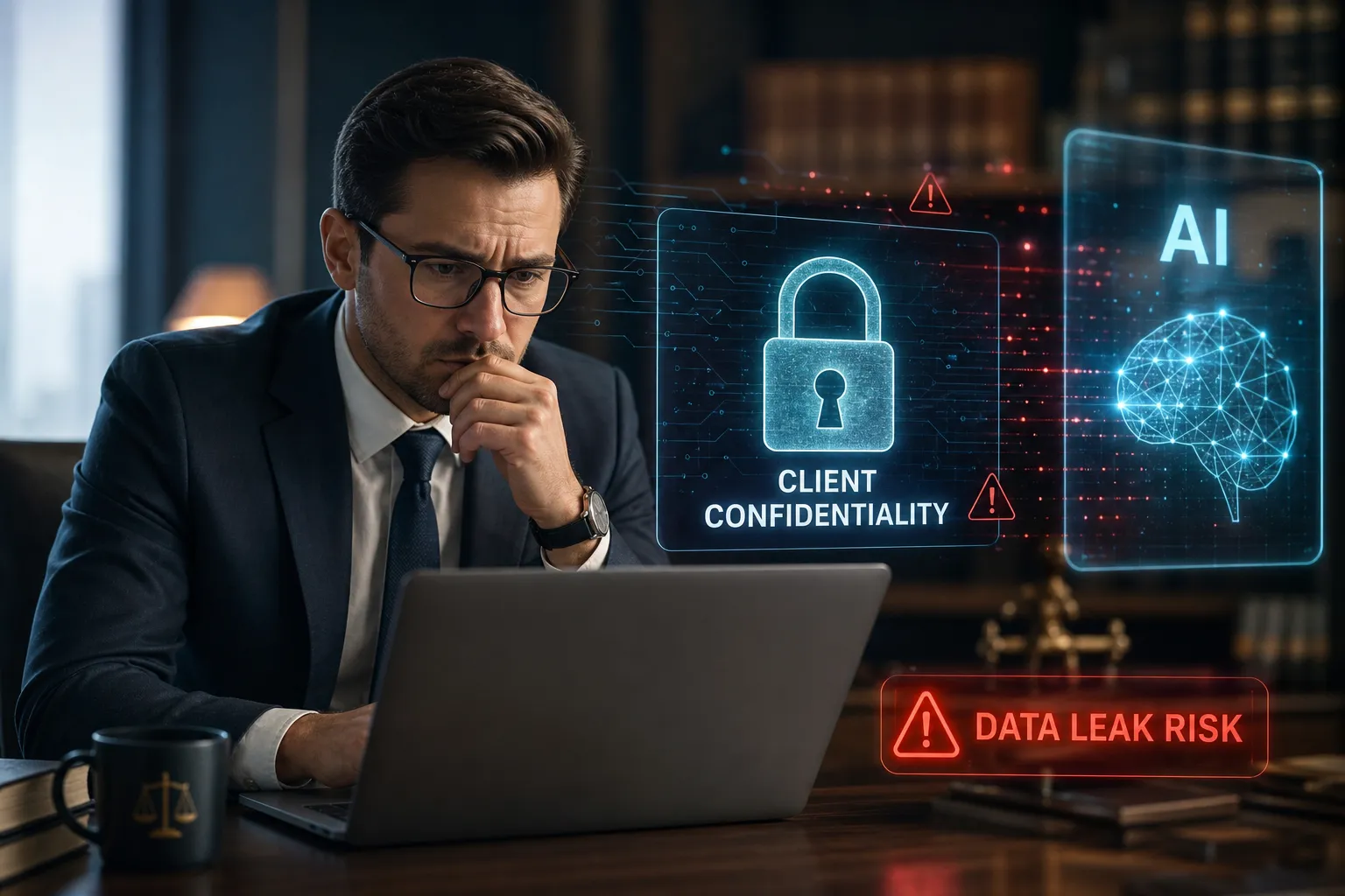 Businessperson at a laptop with holographic security alerts: 'Client Confidentiality' lock and 'AI' graphics, plus a 'Data Leak Risk' warning.