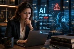 Woman in business attire focused on a laptop, with a holographic display reading 'AI Confidential Data Risk' and security icons nearby (legal office setting).