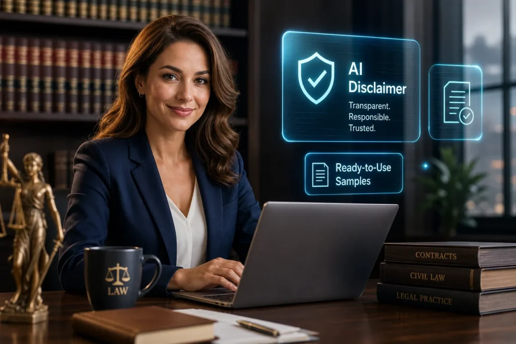 Female lawyer at a desk with a laptop; holographic AI Disclaimer and Ready-to-Use Samples panels beside her.