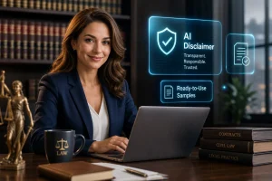 Female lawyer at a desk with a laptop; holographic AI Disclaimer and Ready-to-Use Samples panels beside her.