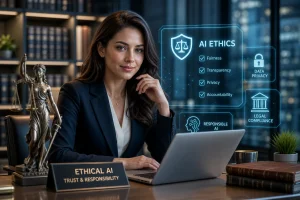 Professional woman at a desk with a holographic AI Ethics dashboard showing fairness, transparency, privacy, accountability, data privacy, legal compliance, and responsible AI.