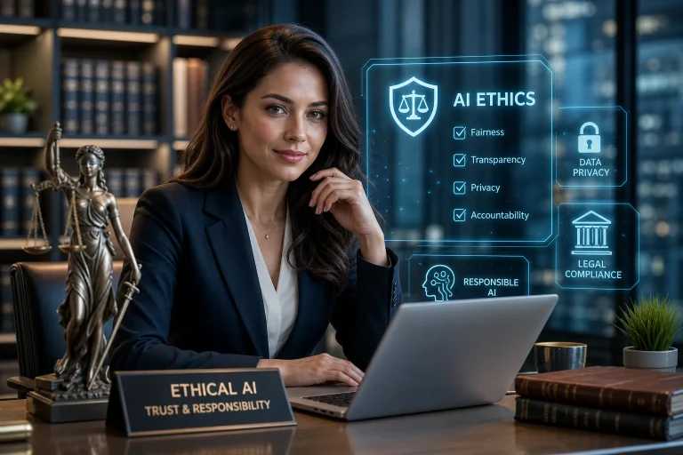 Professional woman at a desk with a holographic AI Ethics dashboard showing fairness, transparency, privacy, accountability, data privacy, legal compliance, and responsible AI.