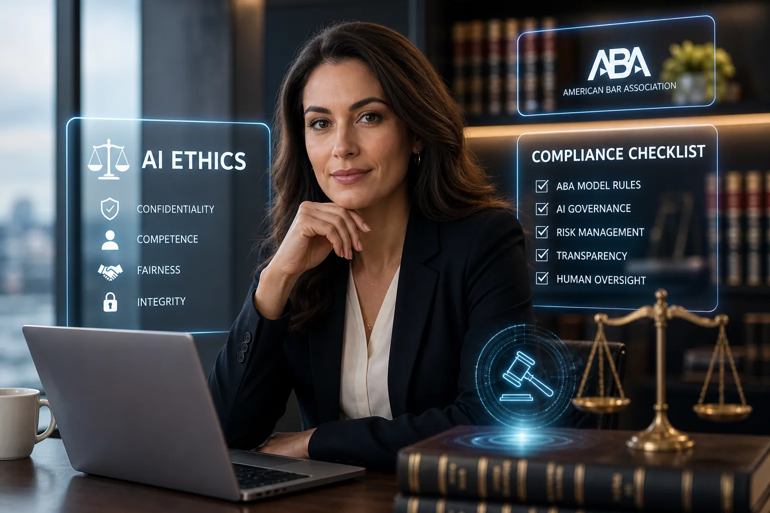 Professional woman at a desk with holographic screens about AI ethics and compliance.