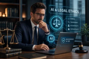 Professional in a suit at a desk, looking at a laptop with a holographic AI & LEGAL ETHICS display showing fairness, transparency, accountability, and confidentiality.