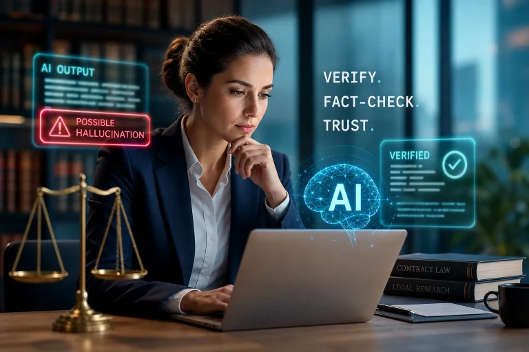 Lawyer at a laptop with glowing AI verification prompts and a 'possible hallucination' alert in a legal office setting with scales nearby