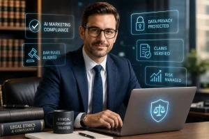 Business professional in suit with holographic compliance UI: AI marketing, data privacy, claims verified, risk managed, bar rules aligned, and shield on laptop.