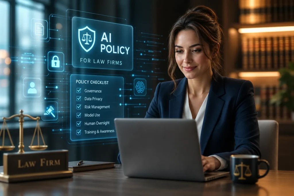 Professional woman in a blazer works on a laptop with a blue holographic AI policy dashboard beside her.