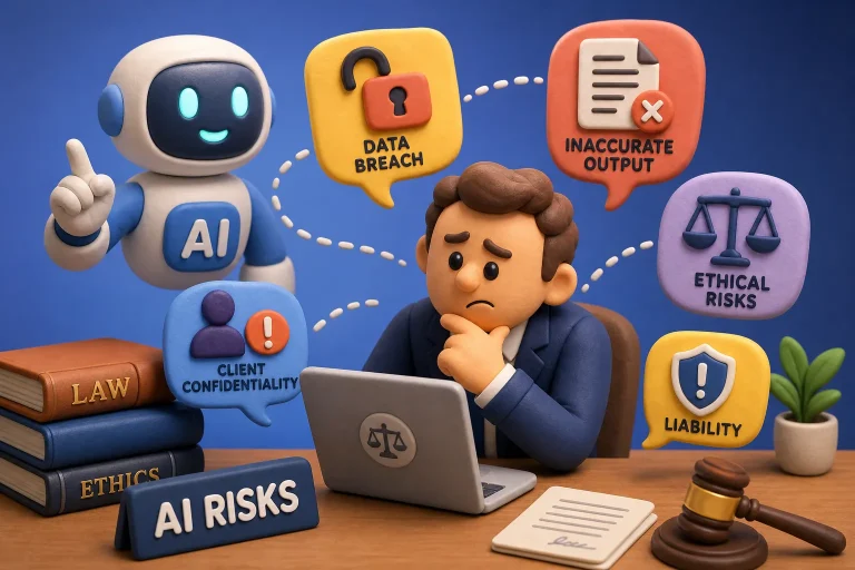 Clay-model man at a laptop surrounded by AI-risk icons (data breach, inaccurate output, ethical risks, client confidentiality, liability) with law books and a gavel nearby.