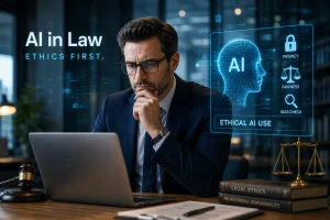 Lawyer at a laptop with a holographic display reading 'AI in Law' and 'Ethics First' alongside an 'Ethical AI Use' panel showing privacy, fairness, and bias check.