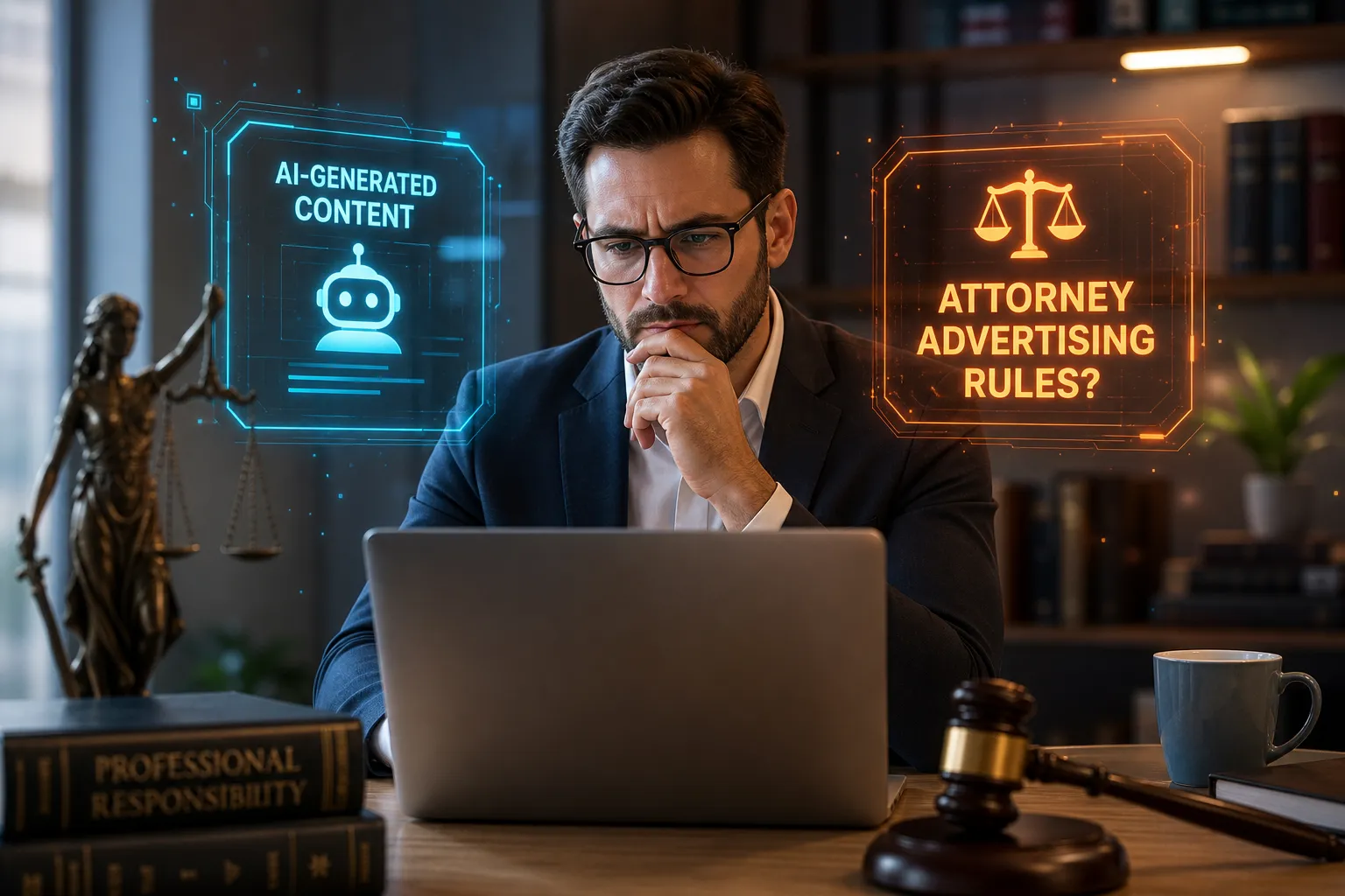 Lawyer in a suit at a laptop, contemplating AI-generated content versus attorney advertising rules shown as holographic panels.]}