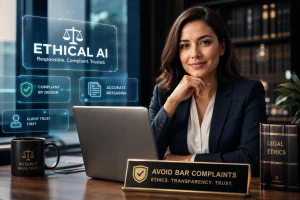 Professional woman in a navy blazer sits at a desk with a holographic display saying Ethical AI and trust-focused features like compliant by design and accurate messaging.