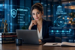 Professional woman in a blazer sits at a desk with a laptop, illuminated by holographic AI compliance and law firm graphics.