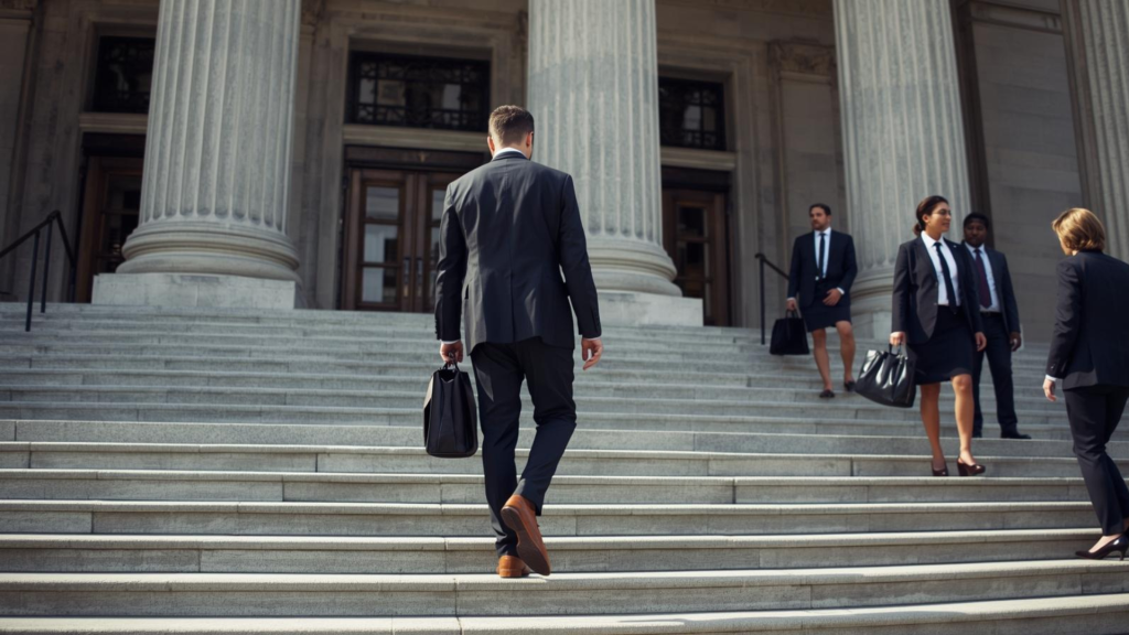 A man in a suit carries a briefcase while walking up the marble steps of a neoclassical building with tall columns, followed by other professionals in formal attire.