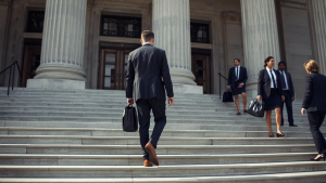 A man in a suit carries a briefcase while walking up the marble steps of a neoclassical building with tall columns, followed by other professionals in formal attire.