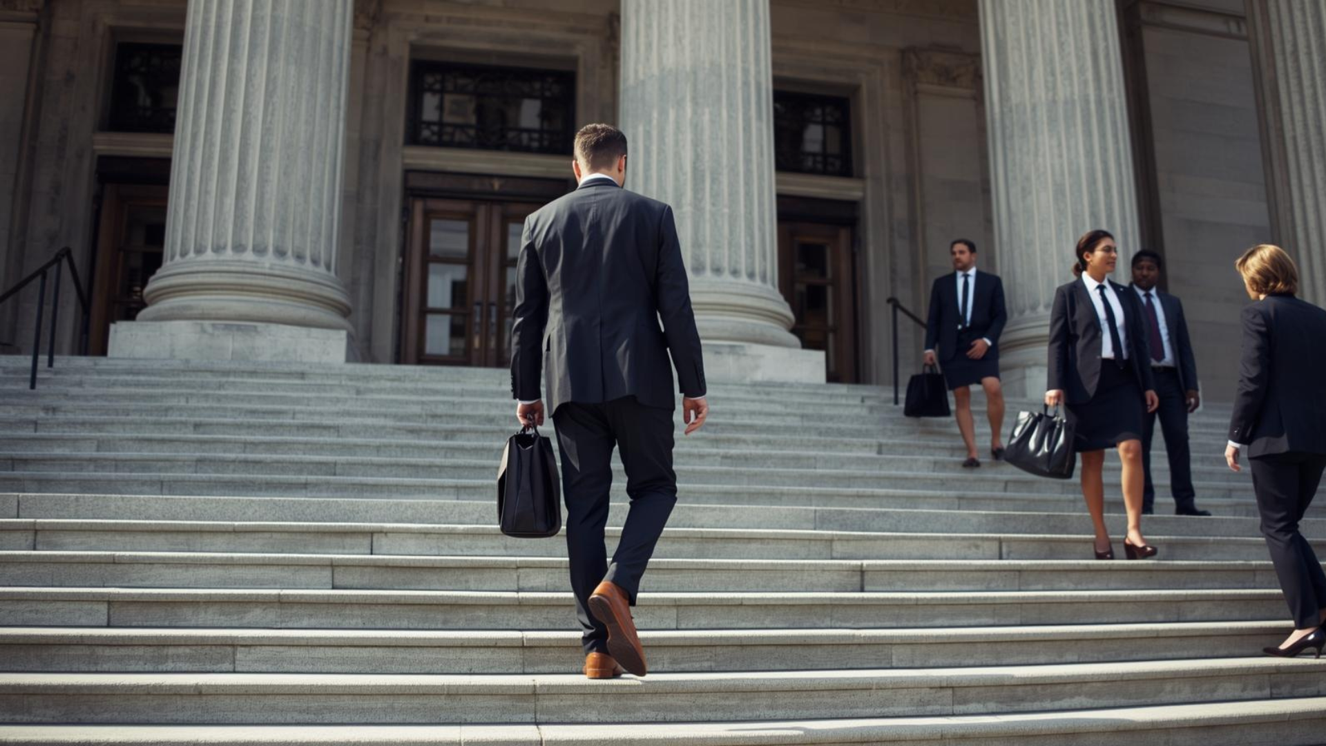 A man in a suit carries a briefcase while walking up the marble steps of a neoclassical building with tall columns, followed by other professionals in formal attire.