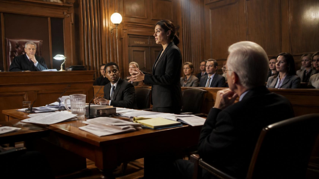 Female lawyer standing and speaking in a wood-paneled courtroom, others seated and listening, judge at left with papers on the desk.