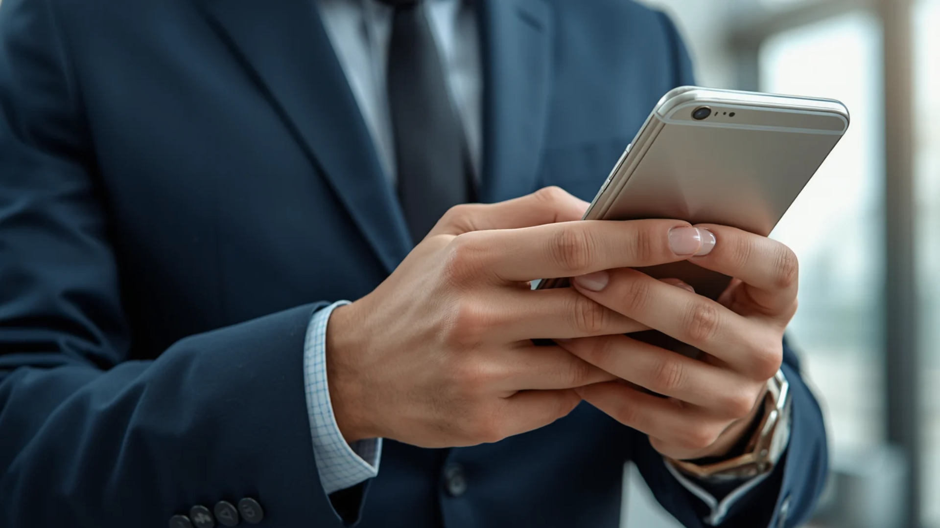 Businessperson in a navy suit using a smartphone in a professional setting