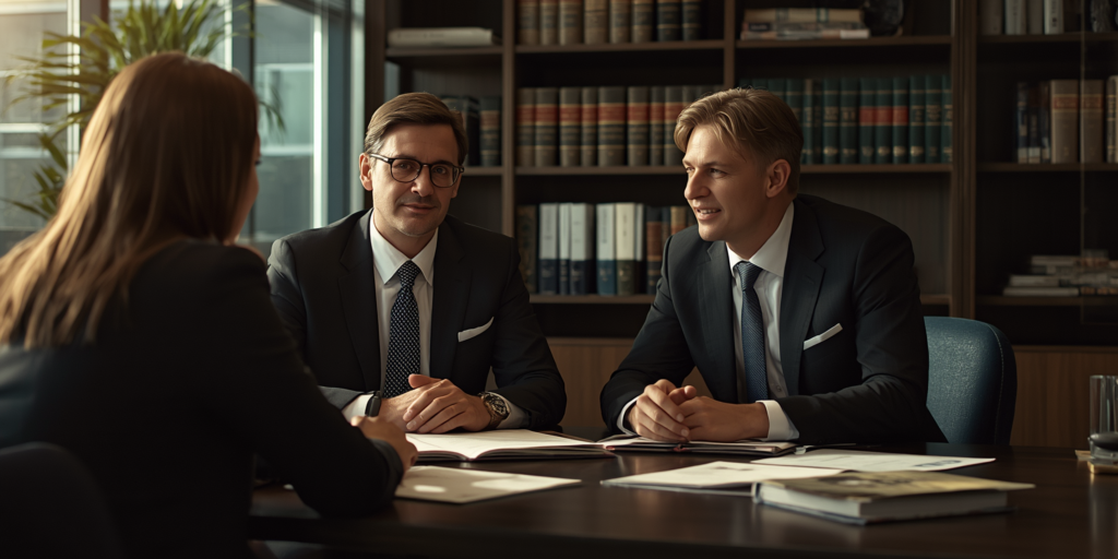 Three professionals in suits sit around a conference table discussing documents in a wood‑paneled office with bookshelves in the background, facing the camera.