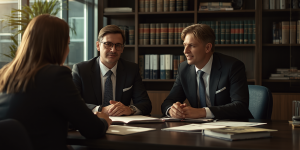 Three professionals in suits sit around a conference table discussing documents in a wood‑paneled office with bookshelves in the background, facing the camera.